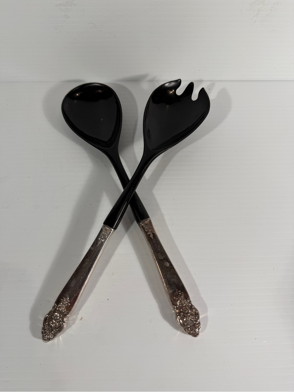 Oneida Black Salad Servers with Ornate Silver Handles